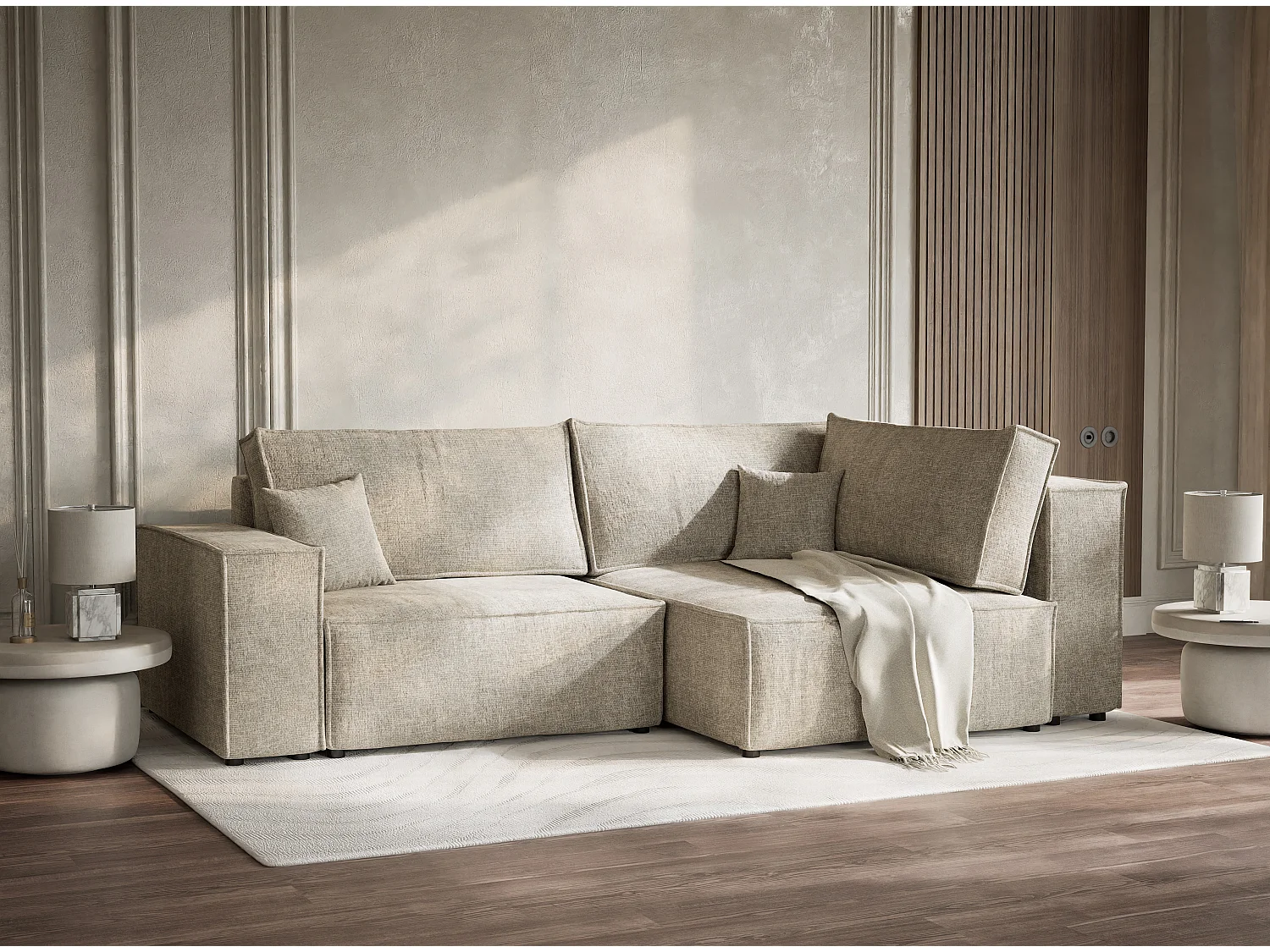 Canapé d'angle droit avec fonction lit en tissu chenille beige TONGA