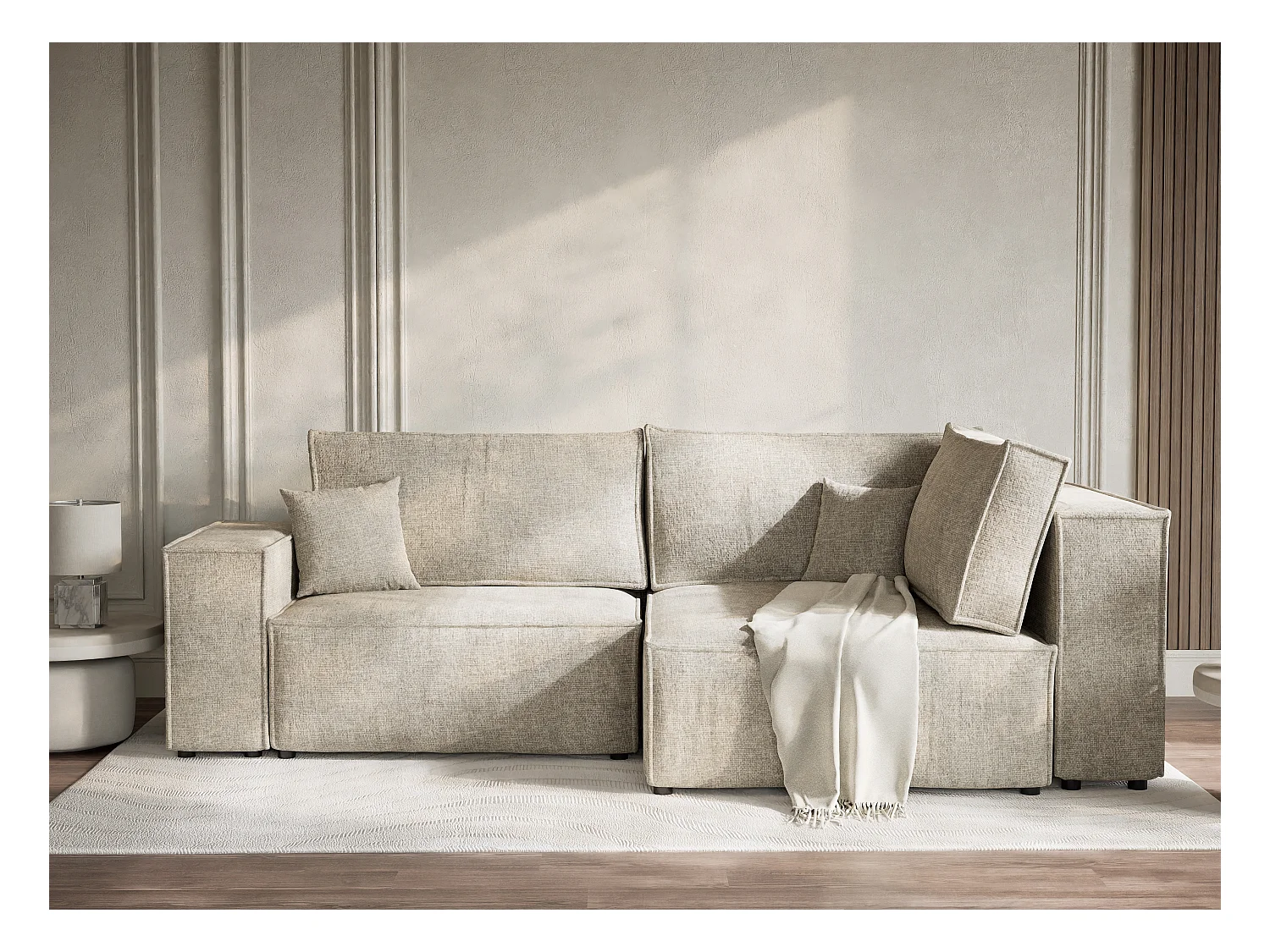 Canapé d'angle droit avec fonction lit en tissu chenille beige TONGA