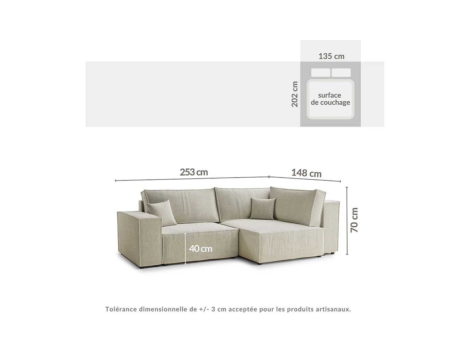 Canapé d'angle droit avec fonction lit en tissu chenille beige TONGA