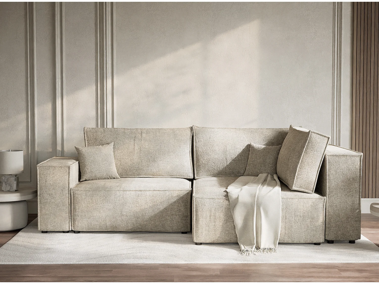 Canapé d'angle droit avec fonction lit en tissu chenille beige TONGA