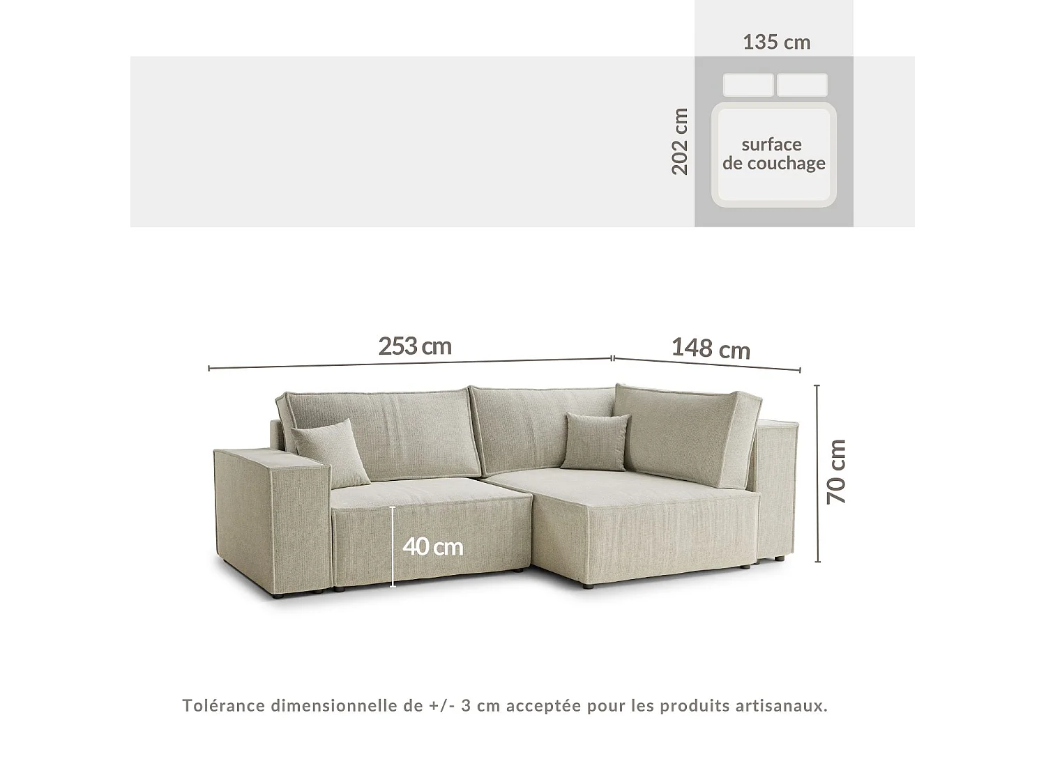 Canapé d'angle droit avec fonction lit en tissu chenille beige TONGA