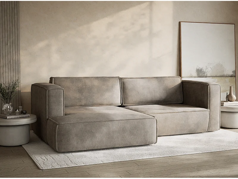 Canapé d'angle gauche avec fonction lit en tissu chenille taupe VELTO