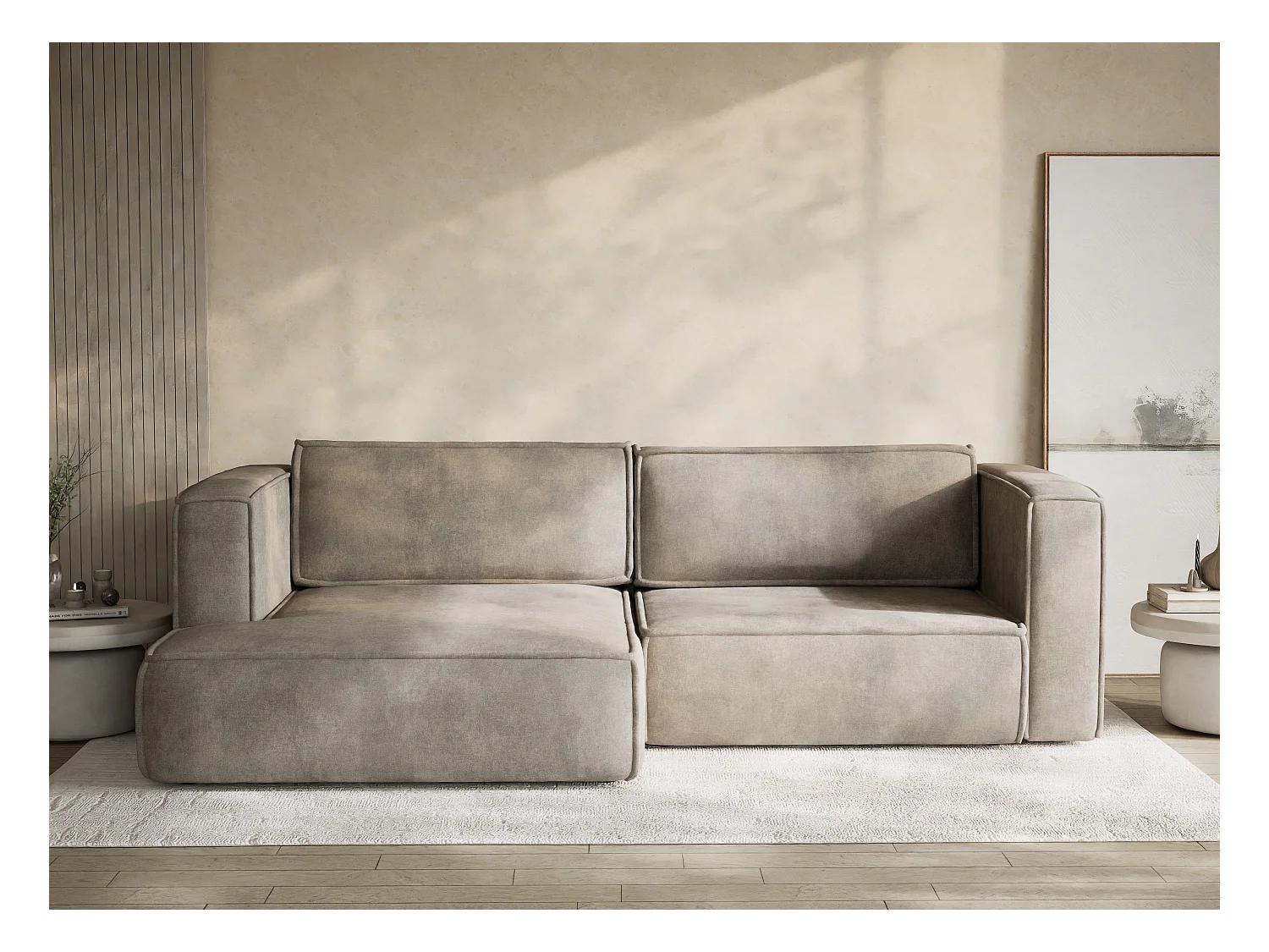 Canapé d'angle gauche avec fonction lit en tissu chenille taupe VELTO