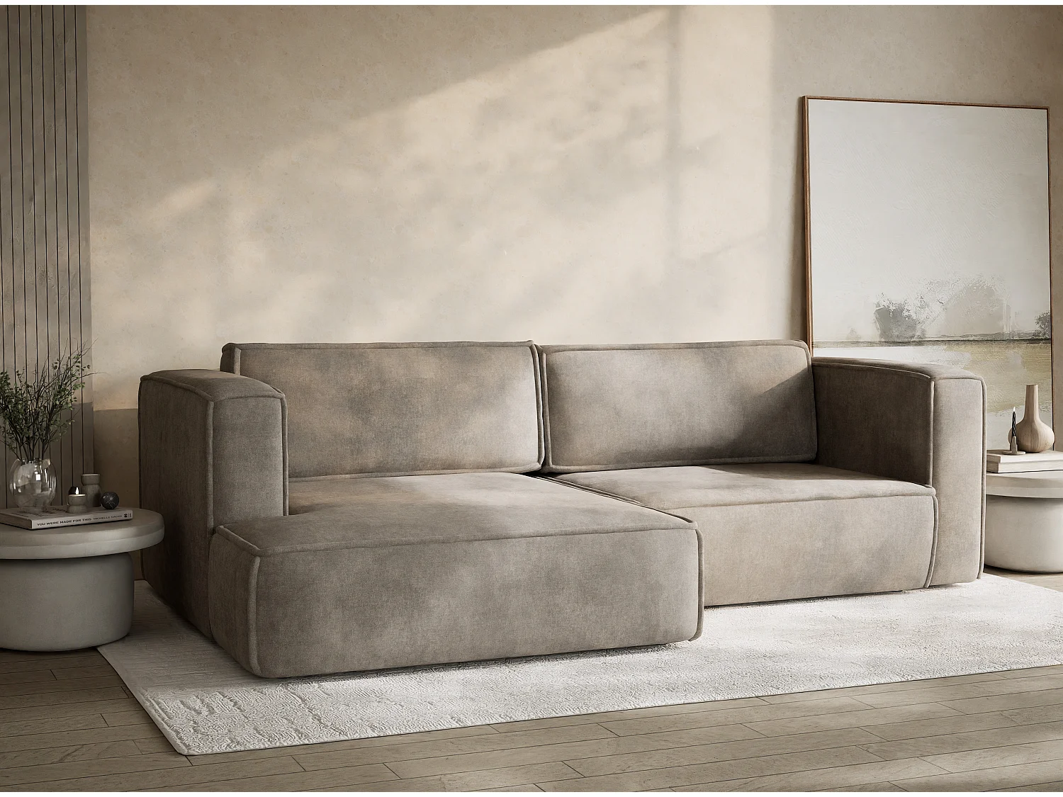 Canapé d'angle gauche avec fonction lit en tissu chenille taupe VELTO