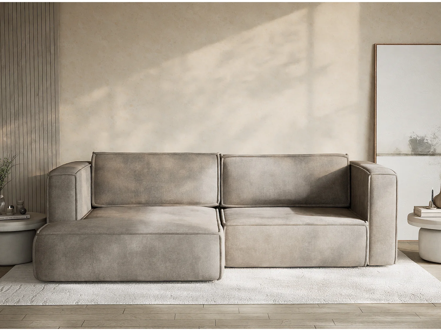 Canapé d'angle gauche avec fonction lit en tissu chenille taupe VELTO