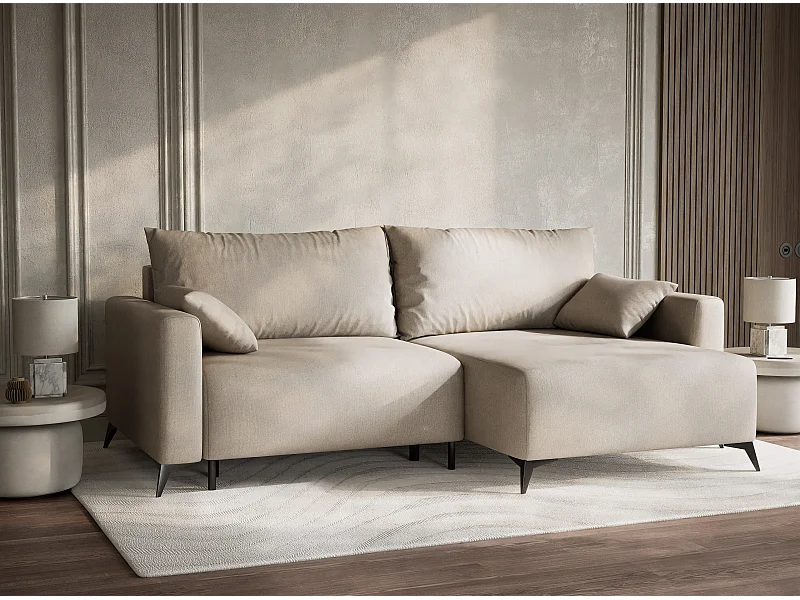 Canapé d'angle droit avec fonction lit en tissu tressé beige LEON