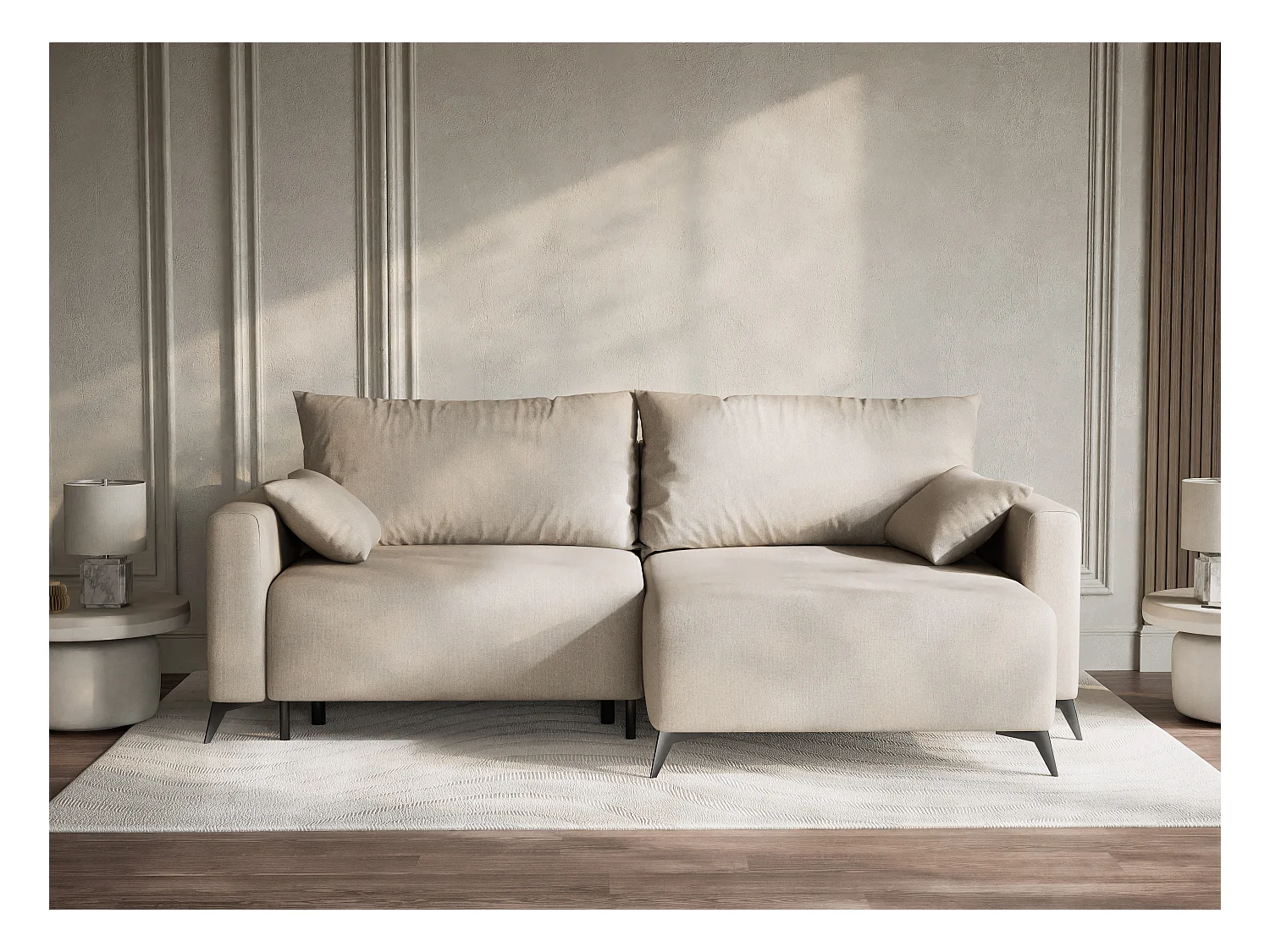 Canapé d'angle droit avec fonction lit en tissu tressé beige LEON