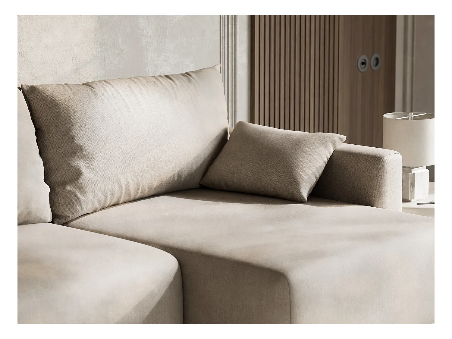 Canapé d'angle droit avec fonction lit en tissu tressé beige LEON