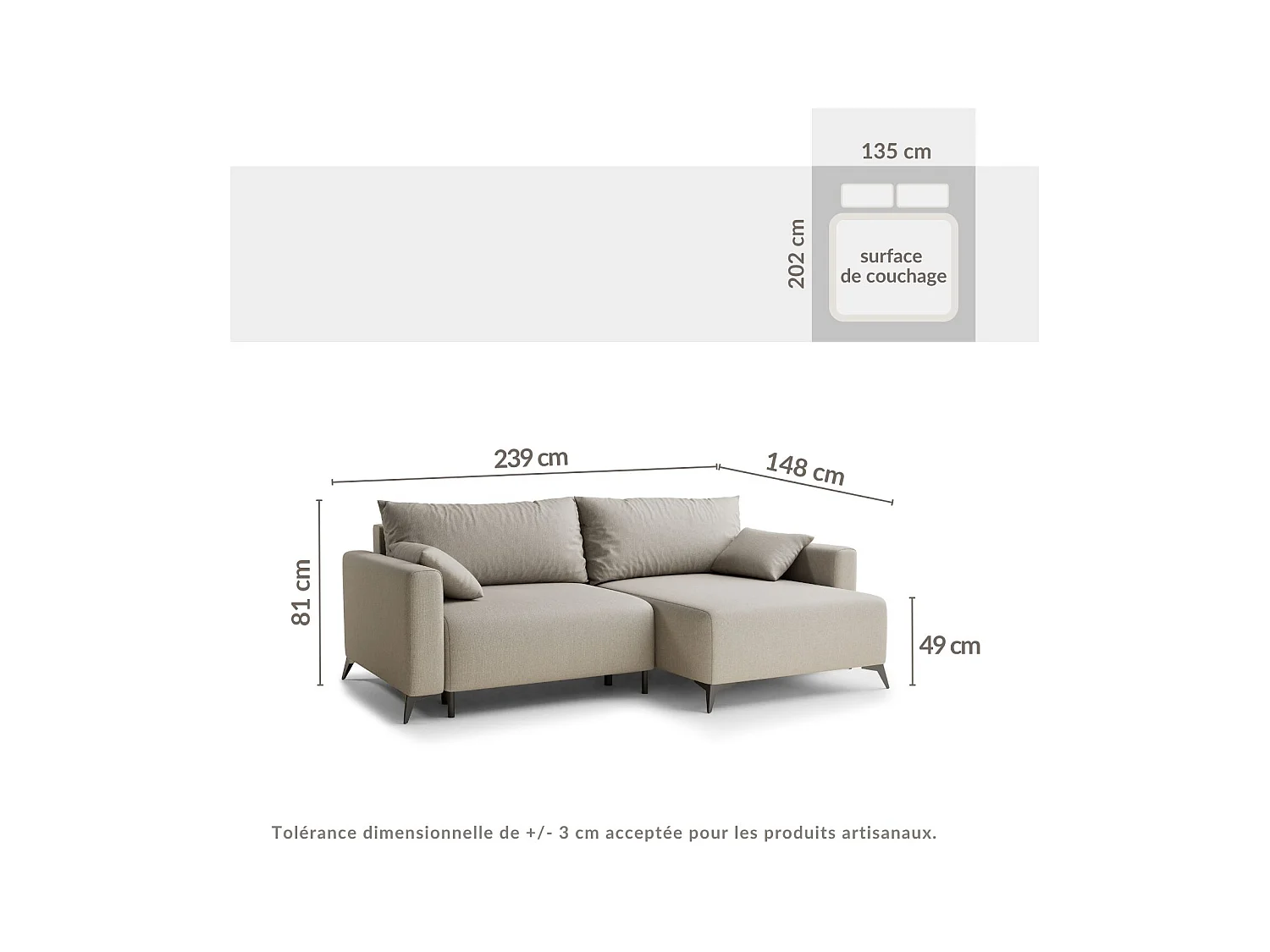 Canapé d'angle droit avec fonction lit en tissu tressé beige LEON