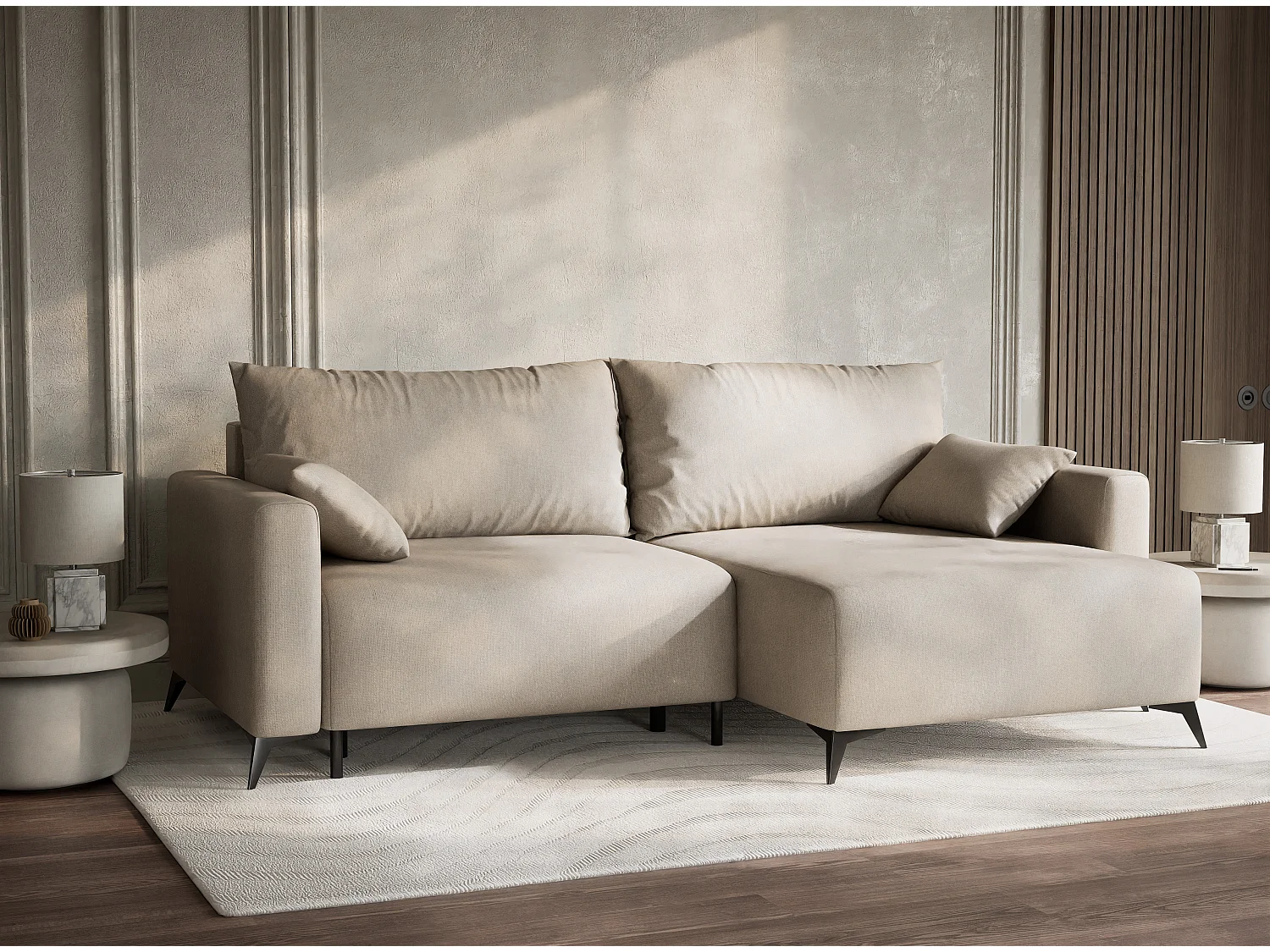 Canapé d'angle droit avec fonction lit en tissu tressé beige LEON