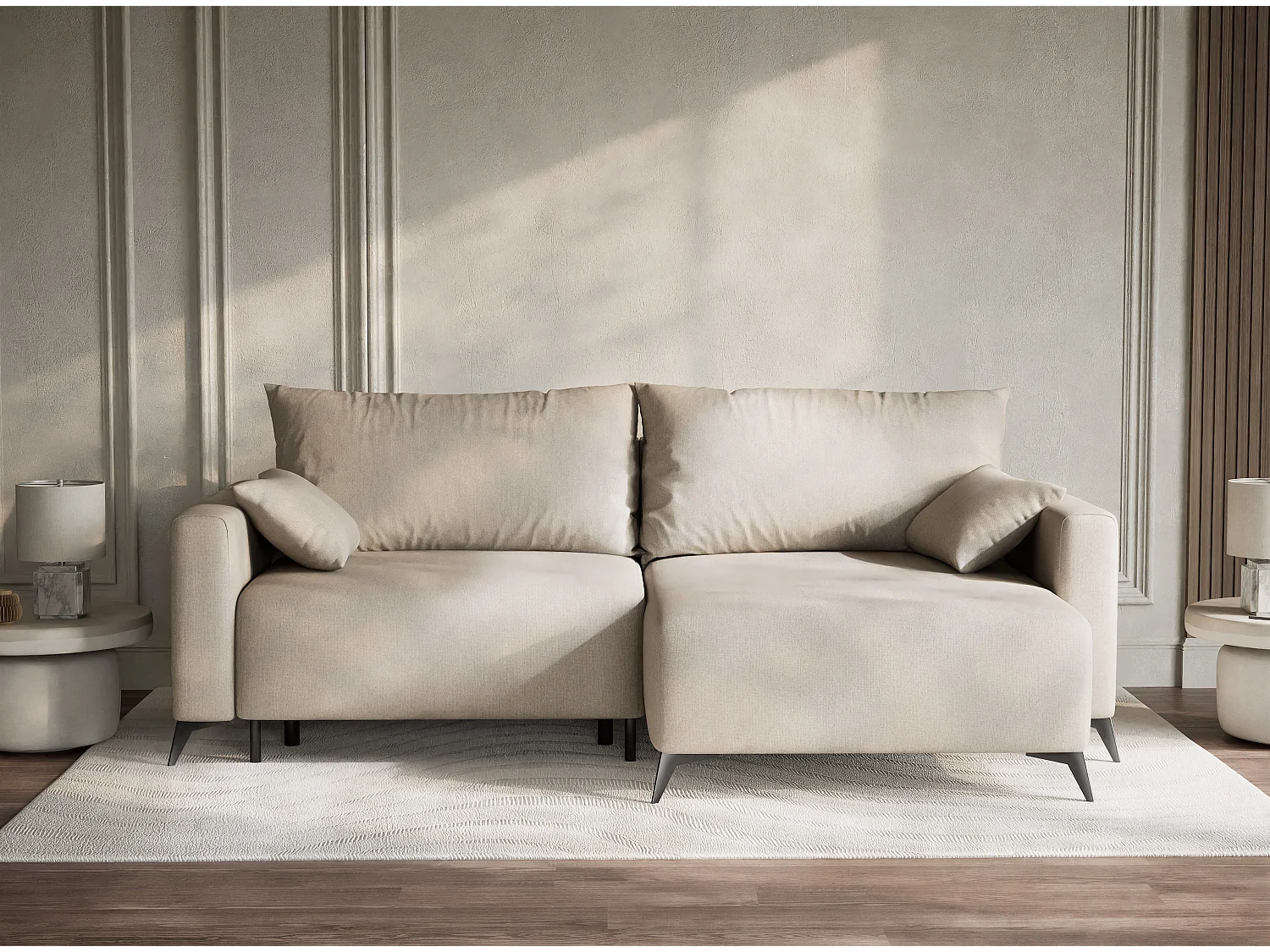 Canapé d'angle droit avec fonction lit en tissu tressé beige LEON