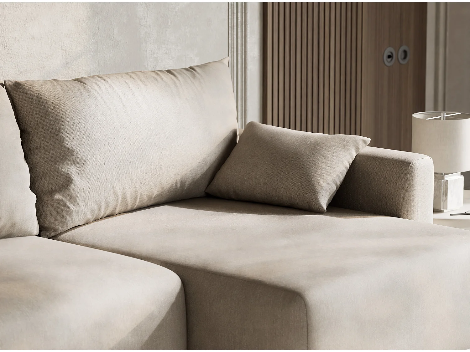 Canapé d'angle droit avec fonction lit en tissu tressé beige LEON