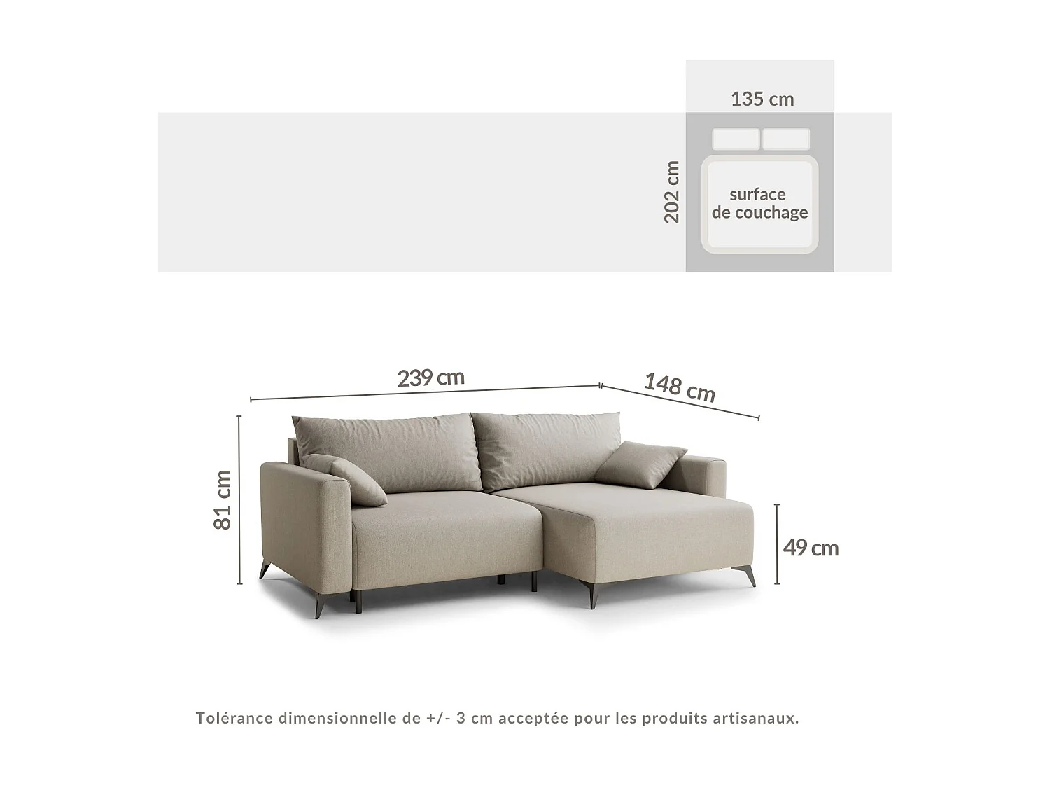 Canapé d'angle droit avec fonction lit en tissu tressé beige LEON