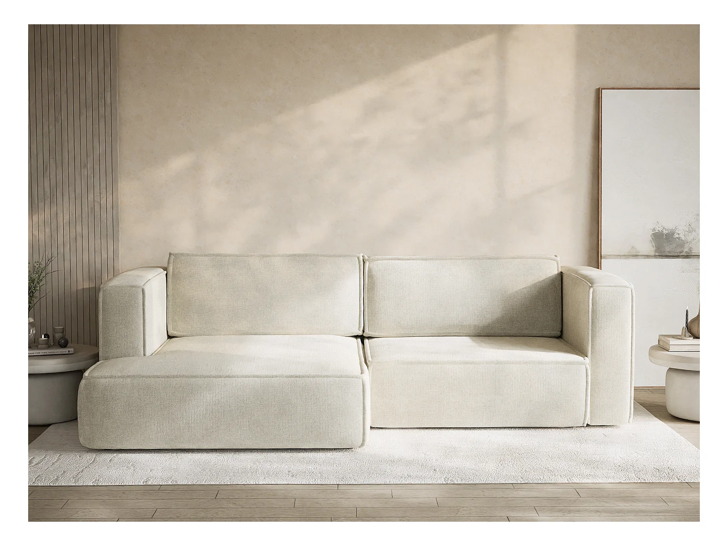 Canapé d'angle gauche avec fonction lit en tissu chenille creme VELTO