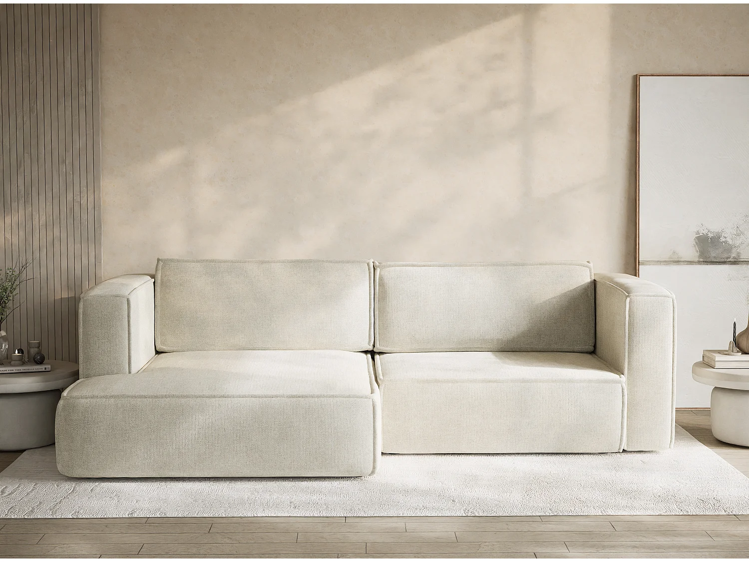 Canapé d'angle gauche avec fonction lit en tissu chenille creme VELTO