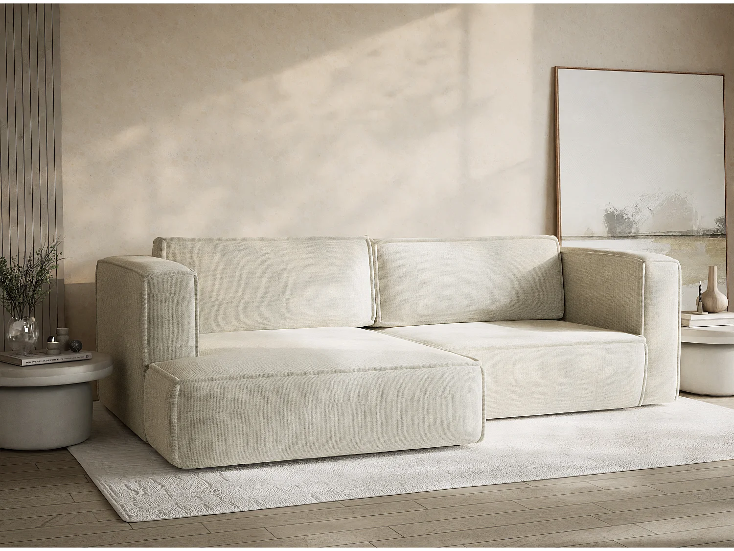 Canapé d'angle gauche avec fonction lit en tissu chenille creme VELTO