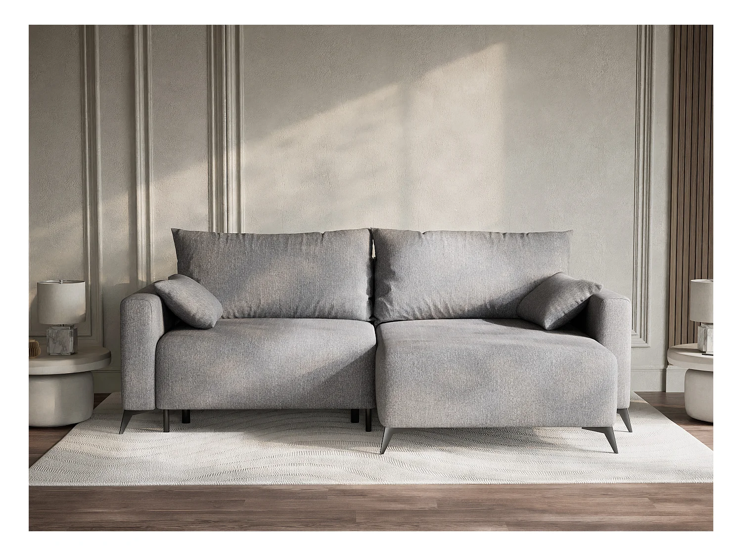 Canapé d'angle droit avec fonction lit en tissu tressé gris LEON