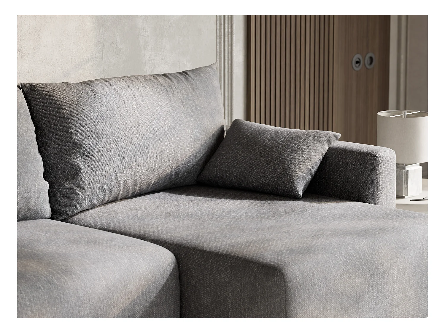 Canapé d'angle droit avec fonction lit en tissu tressé gris LEON