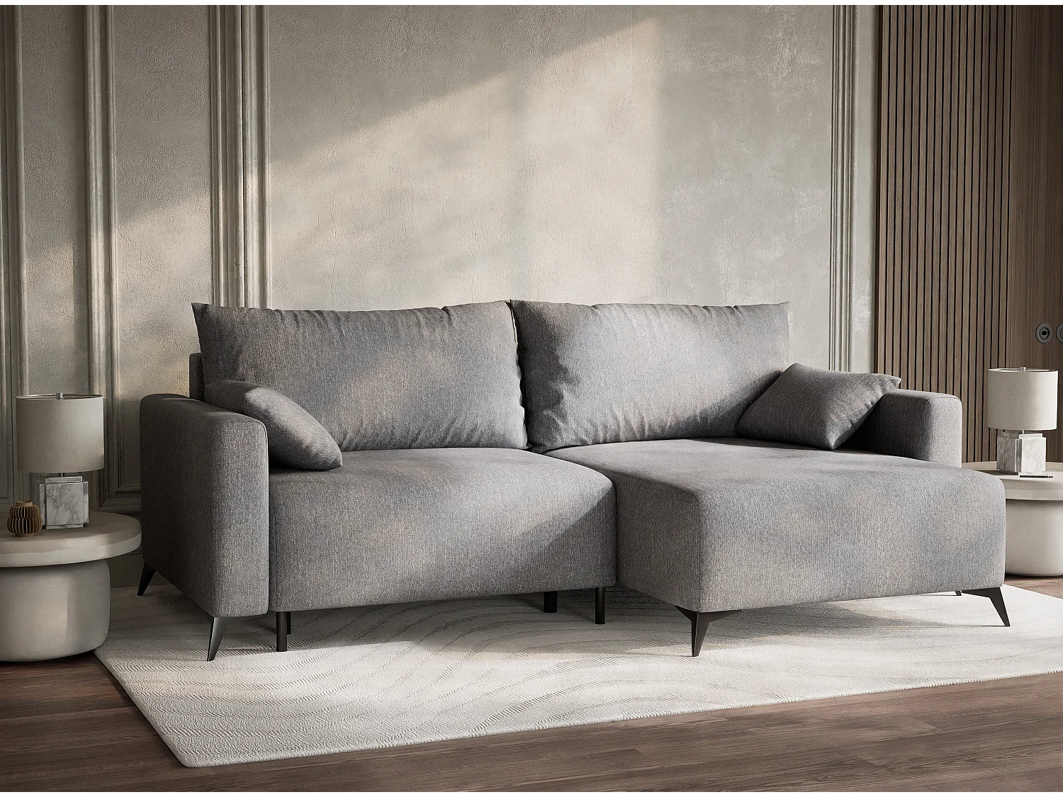 Canapé d'angle droit avec fonction lit en tissu tressé gris LEON