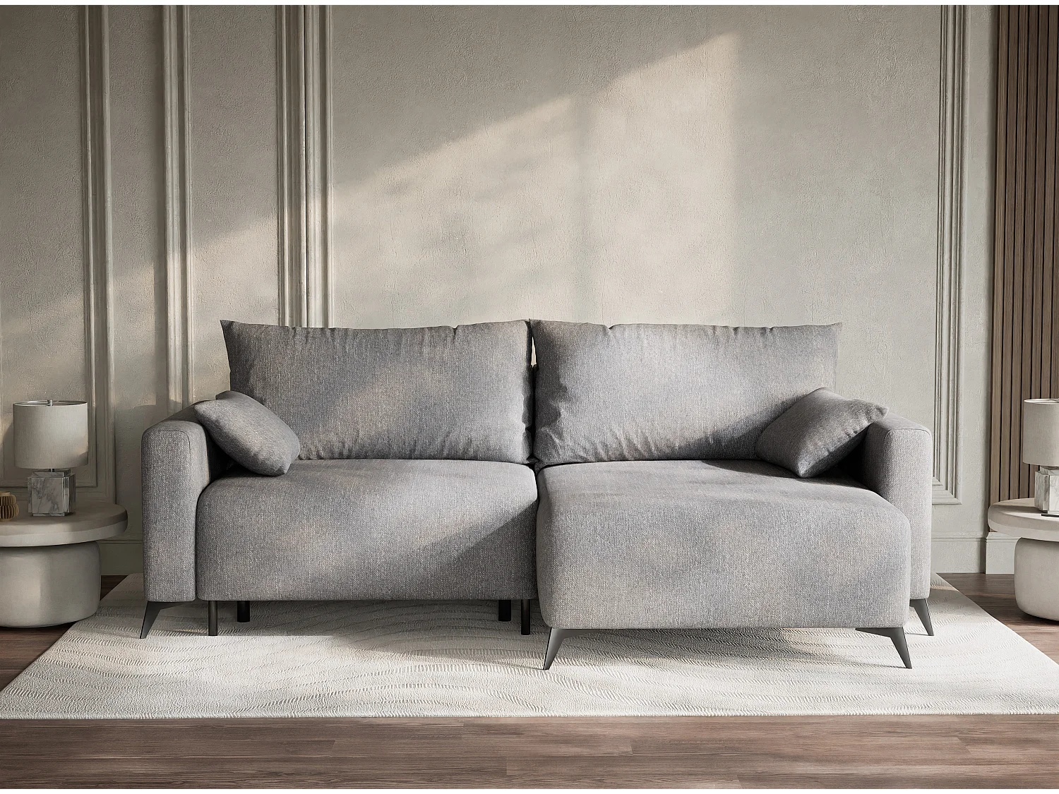 Canapé d'angle droit avec fonction lit en tissu tressé gris LEON