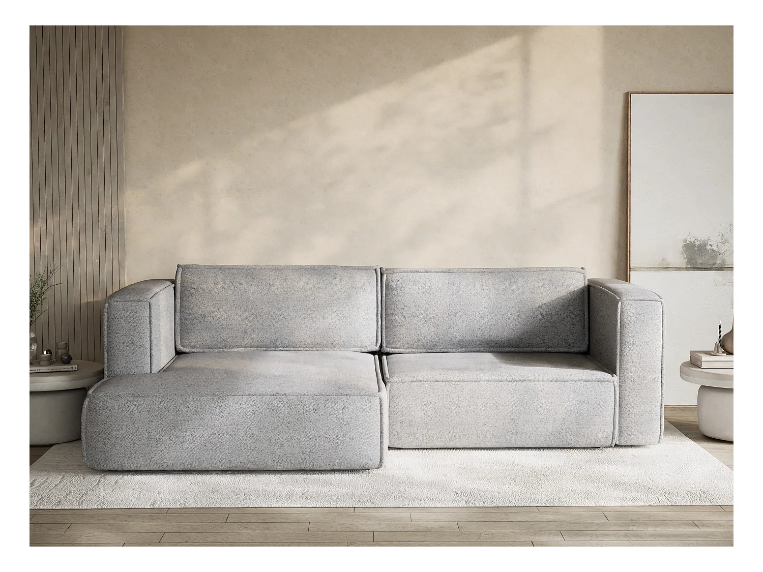 Canapé d'angle gauche avec fonction lit en tissu tressé gris clair VELTO