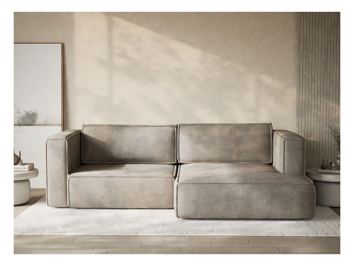 Canapé d'angle droit avec fonction lit en tissu chenille taupe VELTO