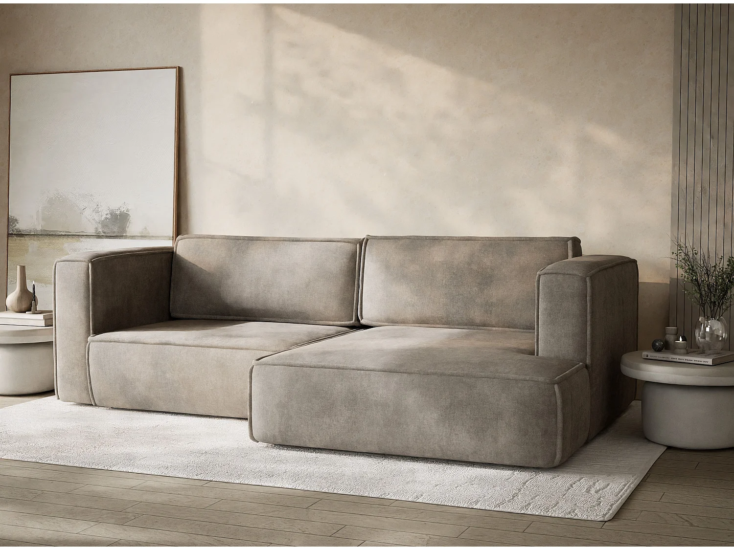 Canapé d'angle droit avec fonction lit en tissu chenille taupe VELTO