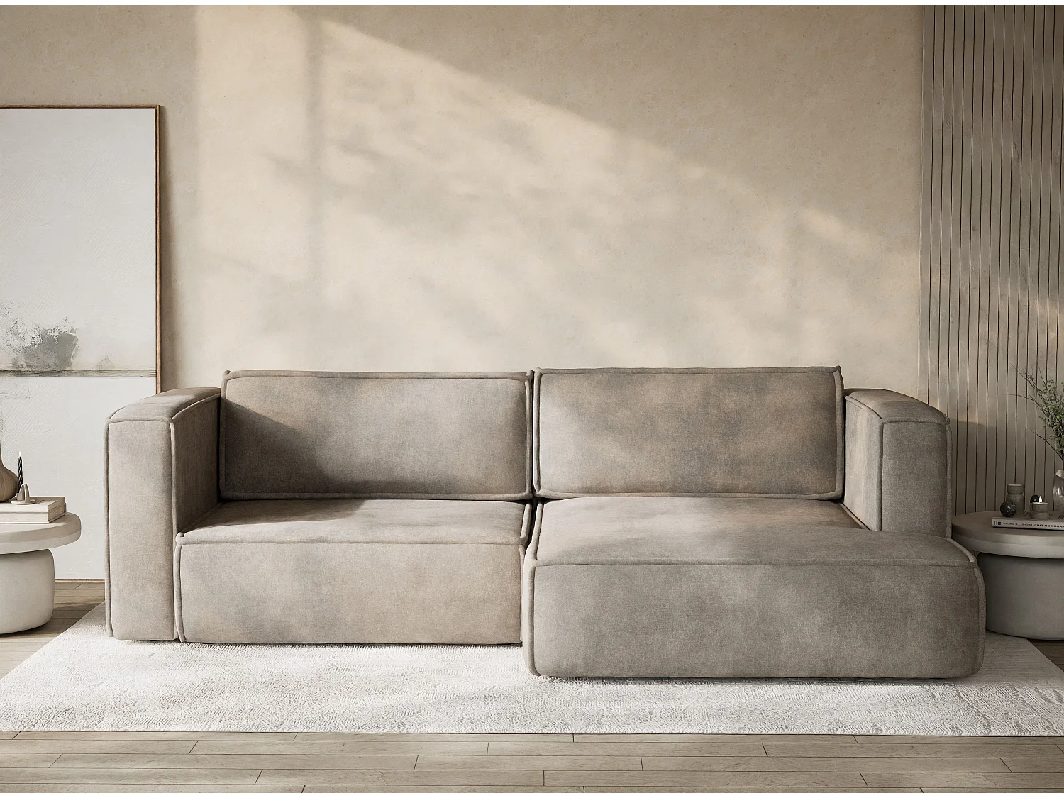 Canapé d'angle droit avec fonction lit en tissu chenille taupe VELTO