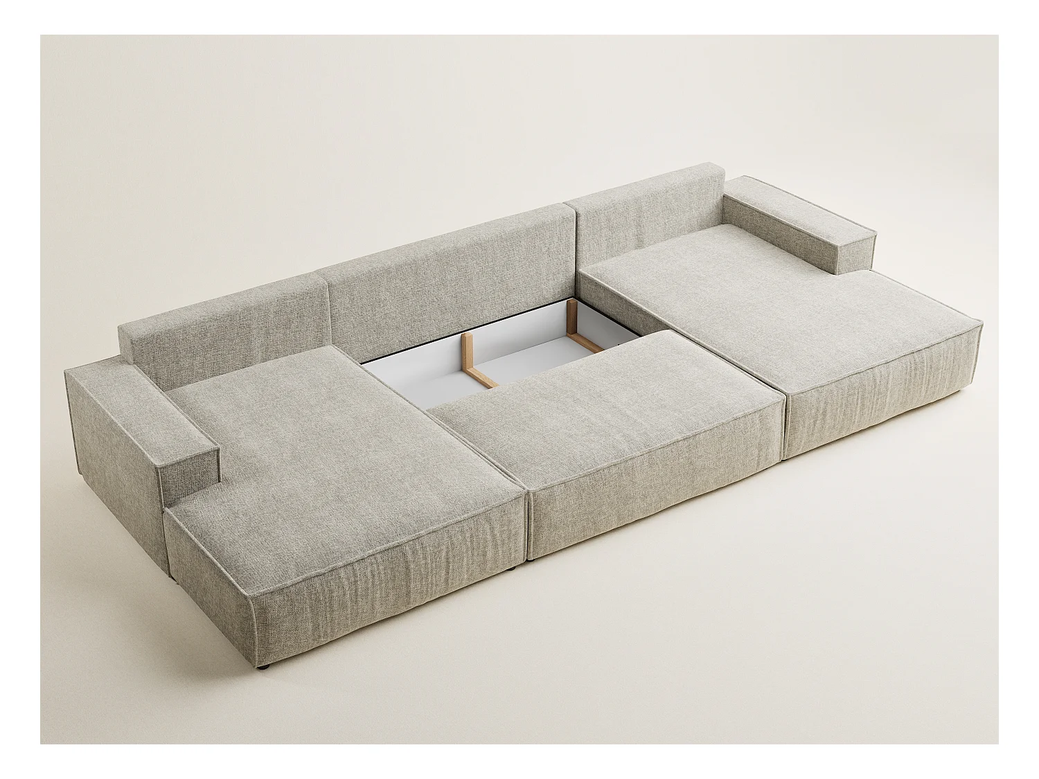 Canapé d'angle panoramique avec fonction lit en tissu chenille beige KYOTO