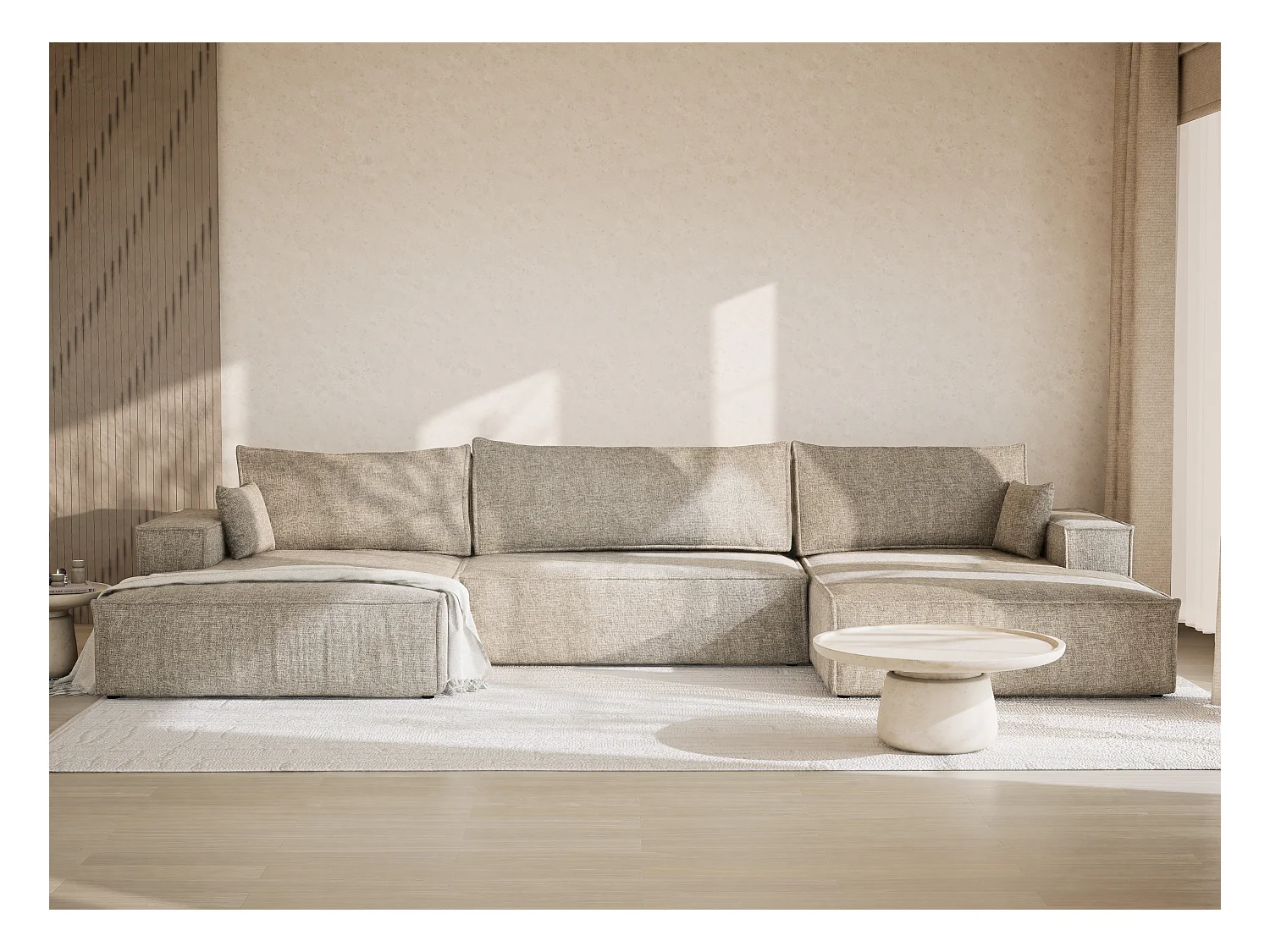 Canapé d'angle panoramique avec fonction lit en tissu chenille beige KYOTO