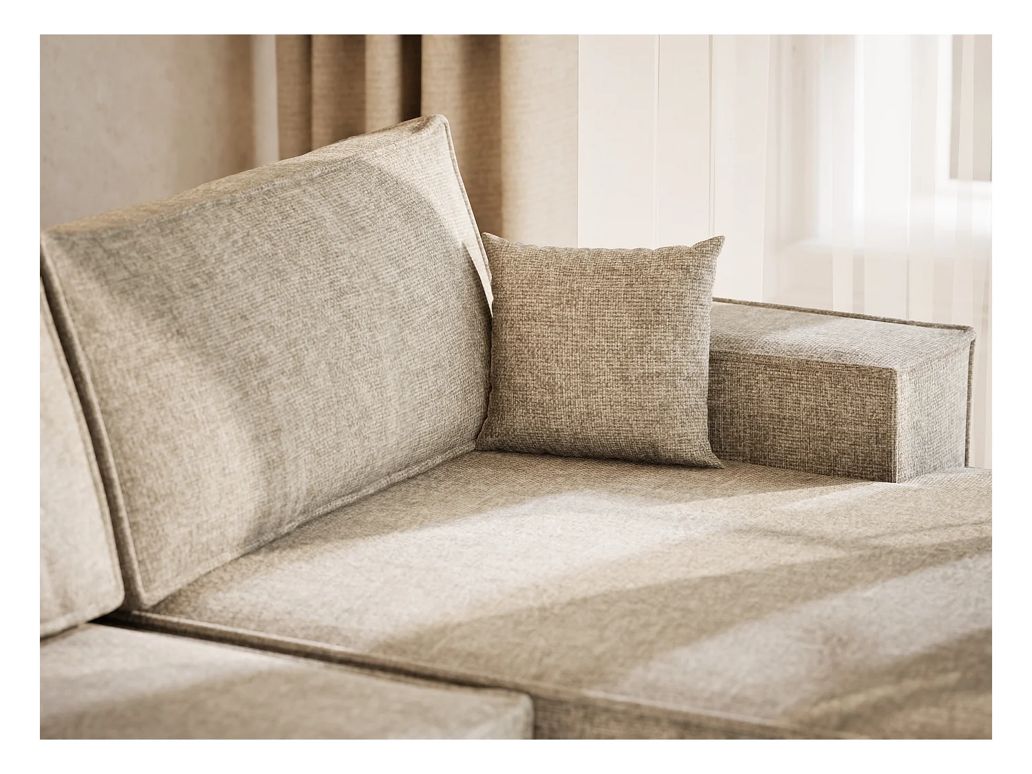 Canapé d'angle panoramique avec fonction lit en tissu chenille beige KYOTO