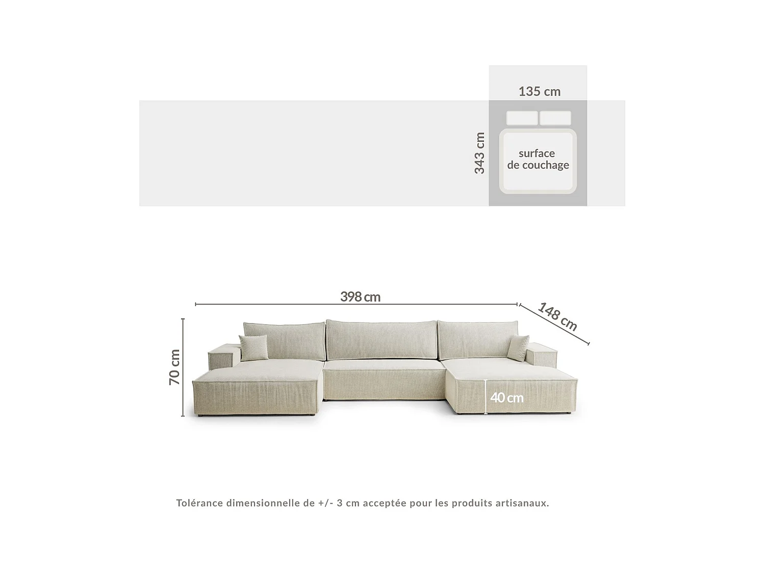 Canapé d'angle panoramique avec fonction lit en tissu chenille beige KYOTO