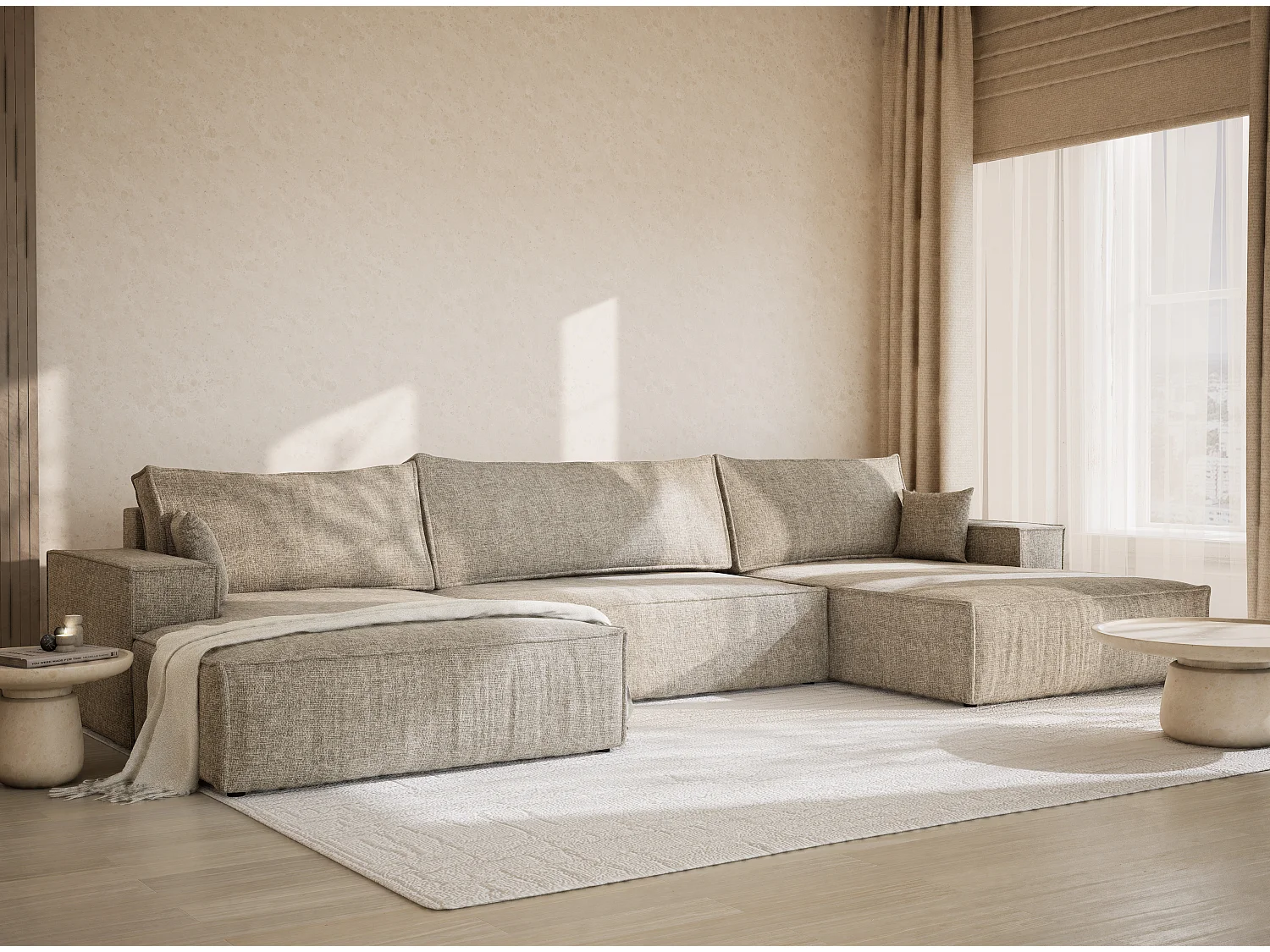 Canapé d'angle panoramique avec fonction lit en tissu chenille beige KYOTO