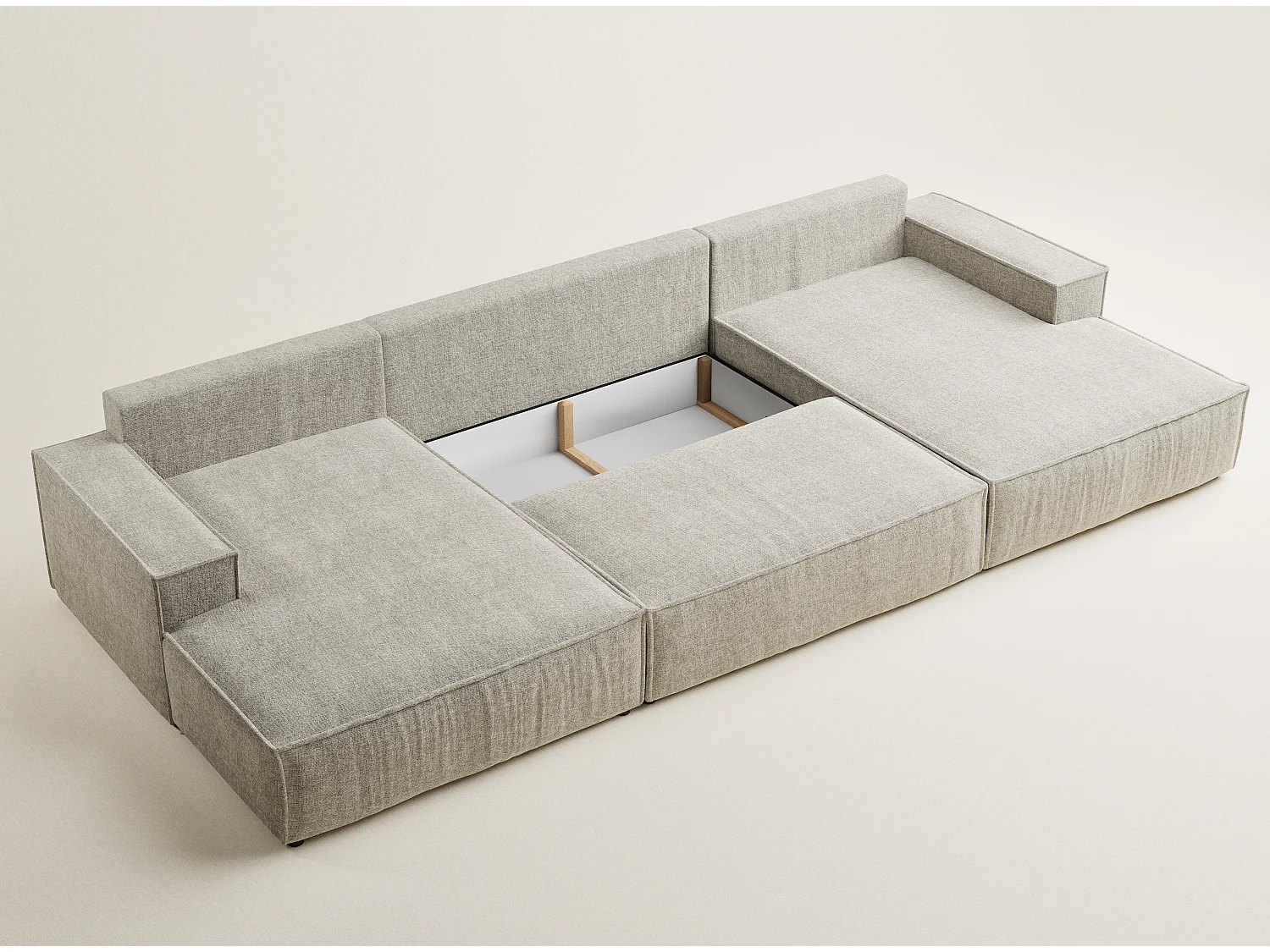 Canapé d'angle panoramique avec fonction lit en tissu chenille beige KYOTO