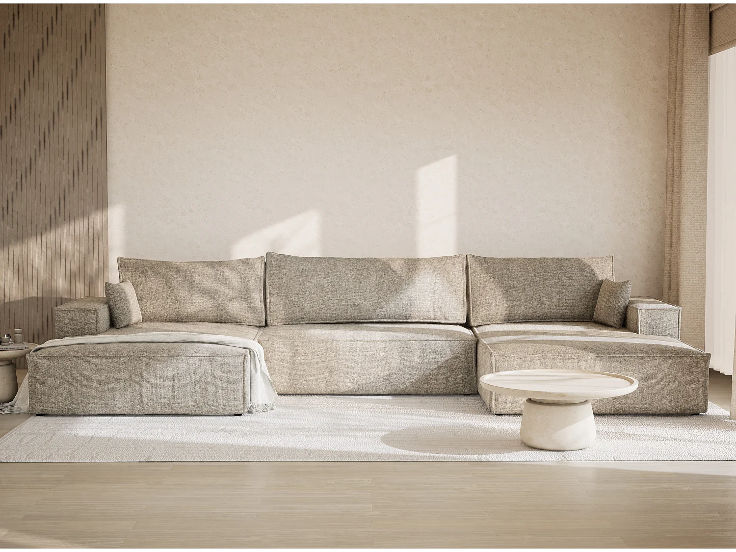 Canapé d'angle panoramique avec fonction lit en tissu chenille beige KYOTO