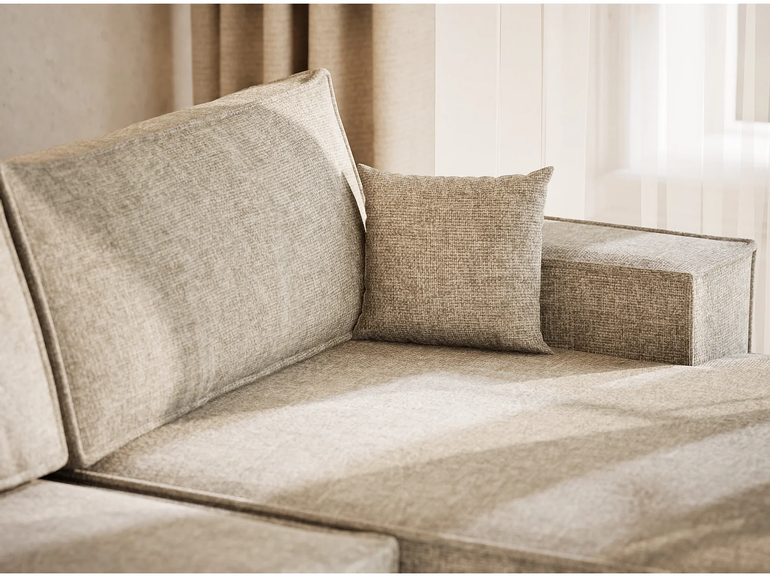 Canapé d'angle panoramique avec fonction lit en tissu chenille beige KYOTO