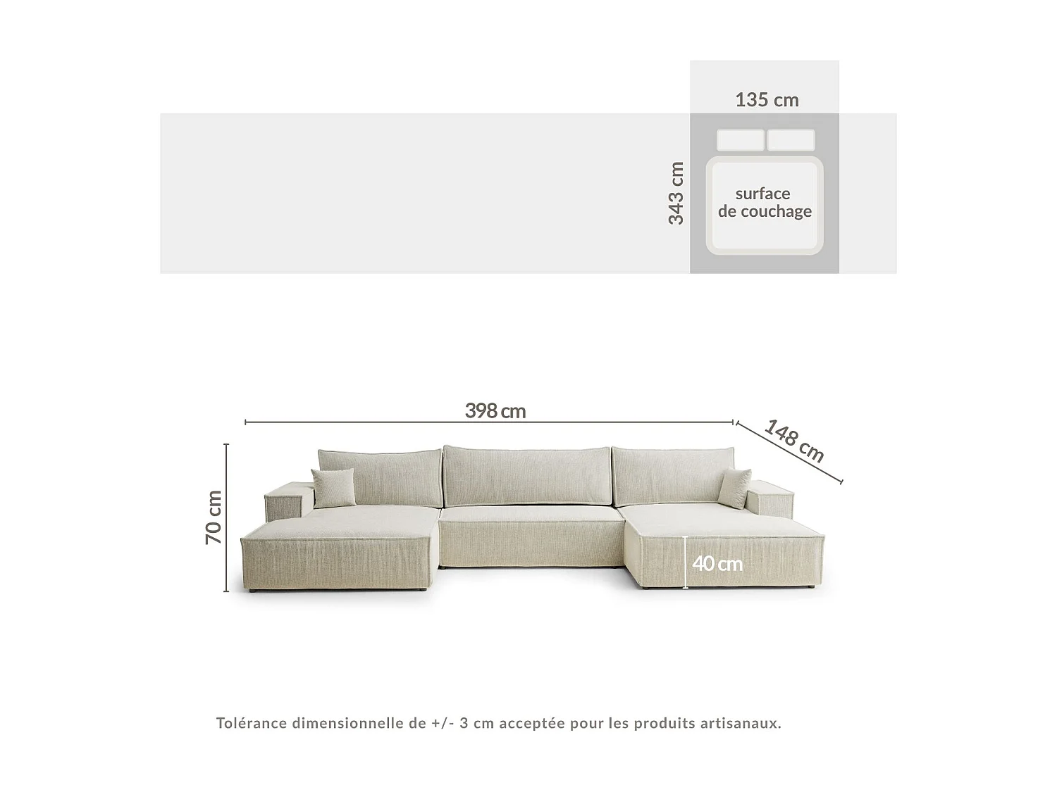 Canapé d'angle panoramique avec fonction lit en tissu chenille beige KYOTO