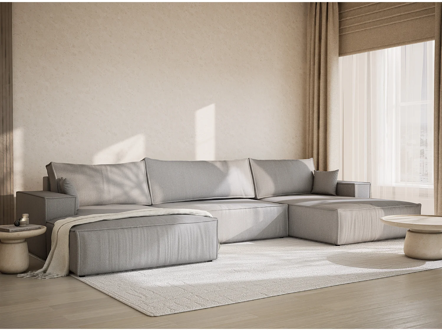 Canapé d'angle panoramique avec fonction lit en tissu tressé beige gris KYOTO