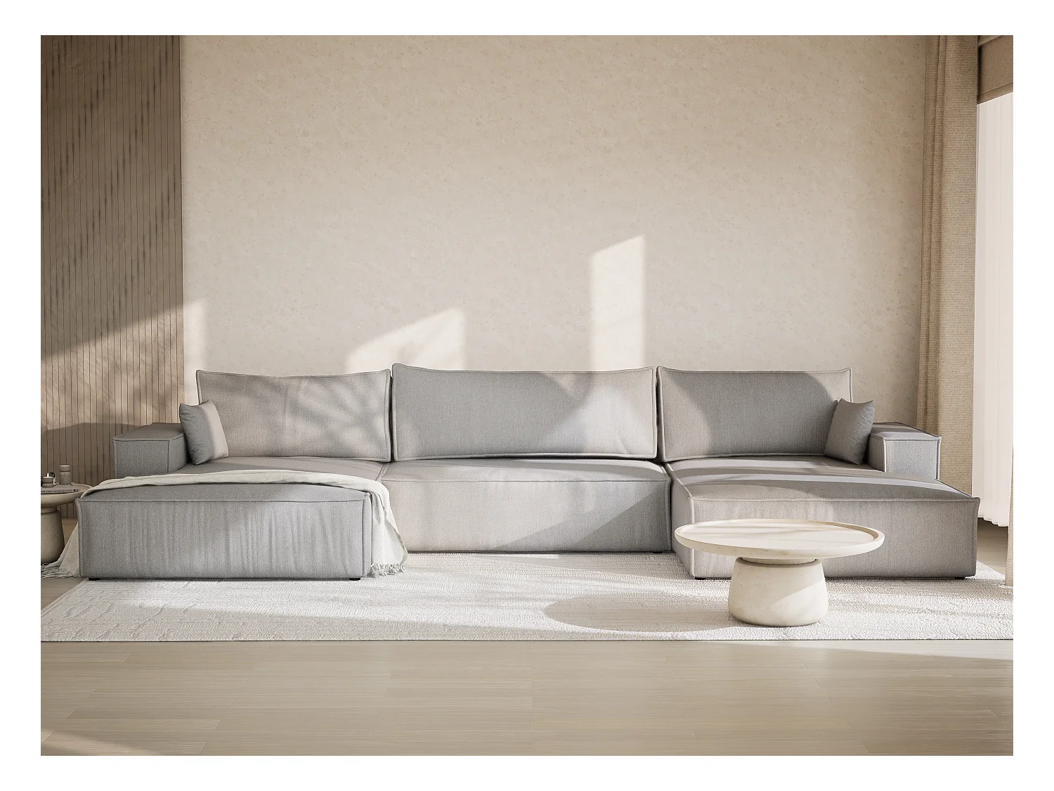 Canapé d'angle panoramique avec fonction lit en tissu tressé beige gris KYOTO