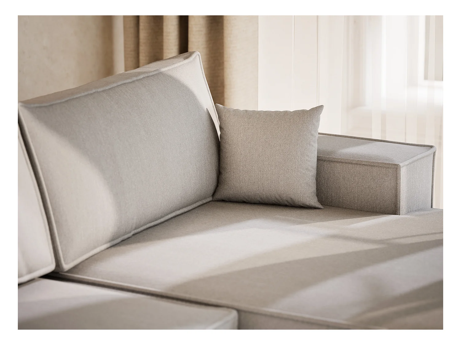 Canapé d'angle panoramique avec fonction lit en tissu tressé beige gris KYOTO