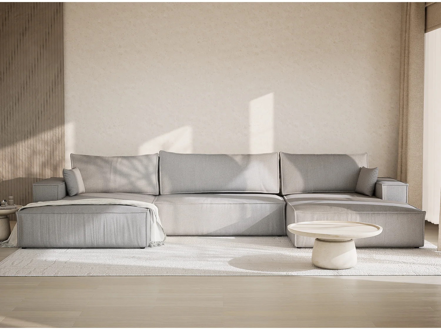 Canapé d'angle panoramique avec fonction lit en tissu tressé beige gris KYOTO