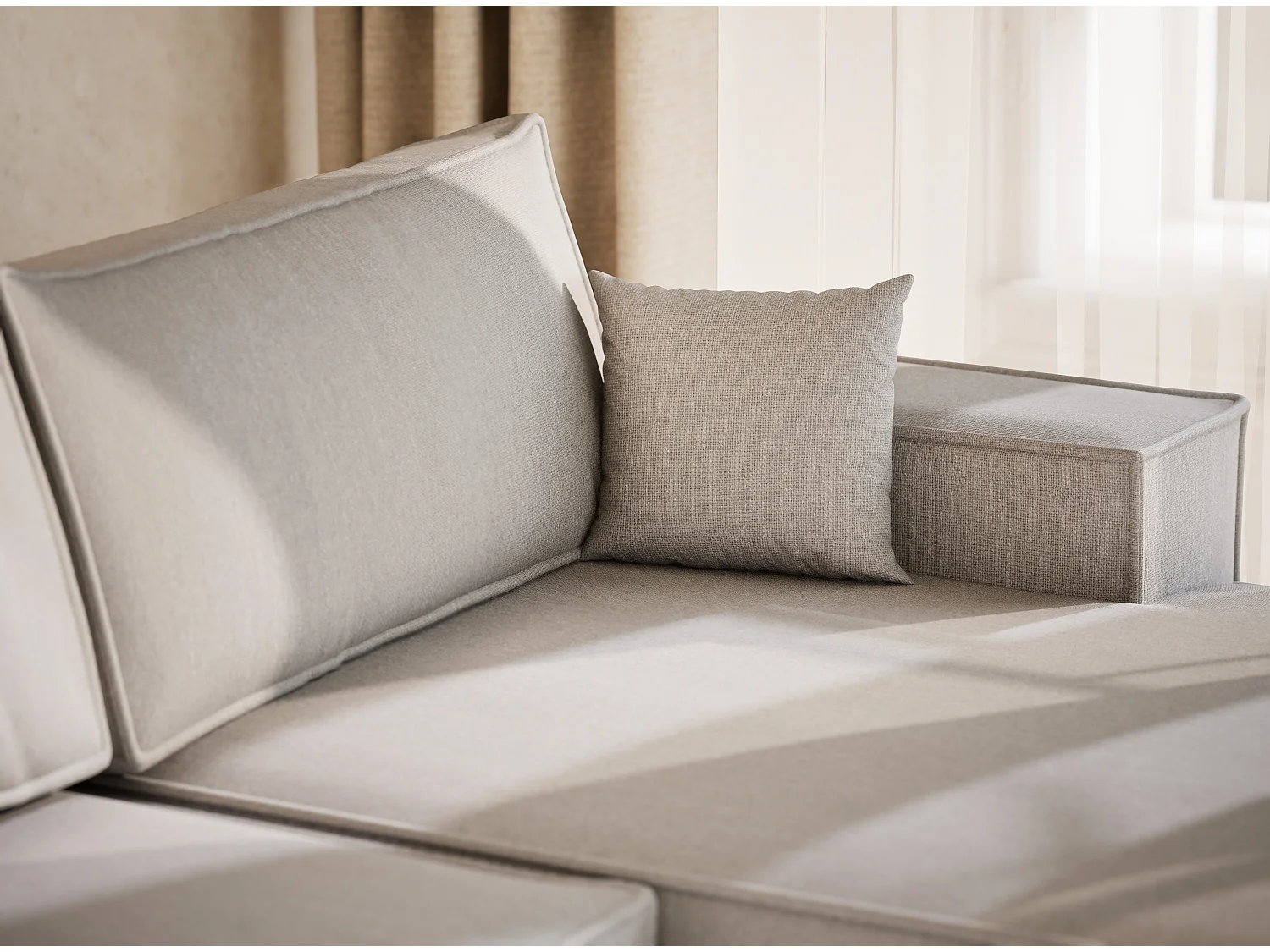 Canapé d'angle panoramique avec fonction lit en tissu tressé beige gris KYOTO