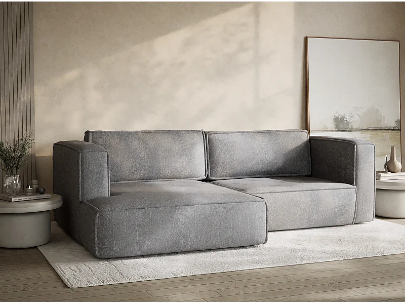 Canapé d'angle gauche avec fonction lit en tissu tressé gris VELTO