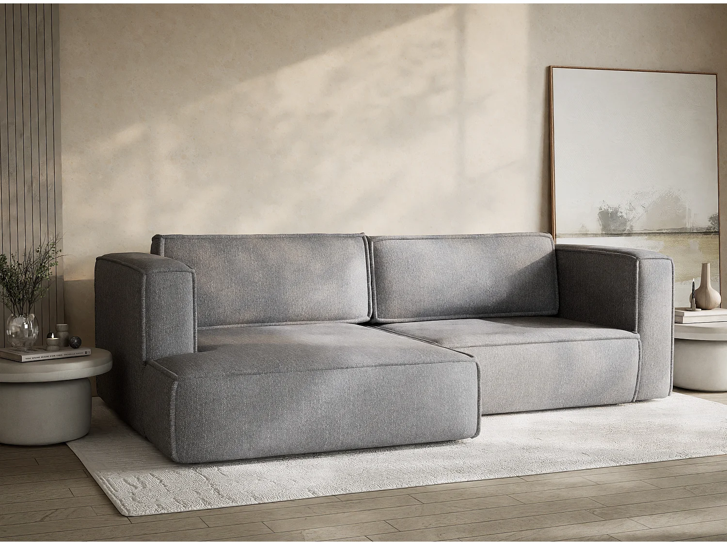 Canapé d'angle gauche avec fonction lit en tissu tressé gris VELTO