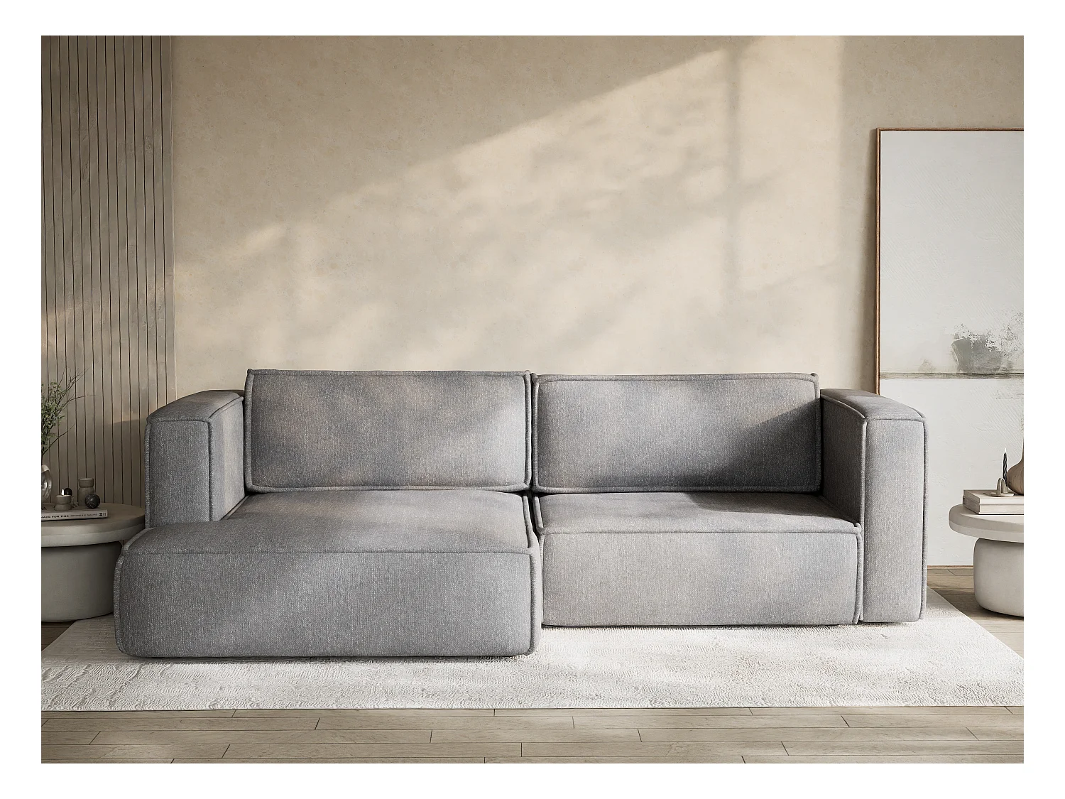 Canapé d'angle gauche avec fonction lit en tissu tressé gris VELTO