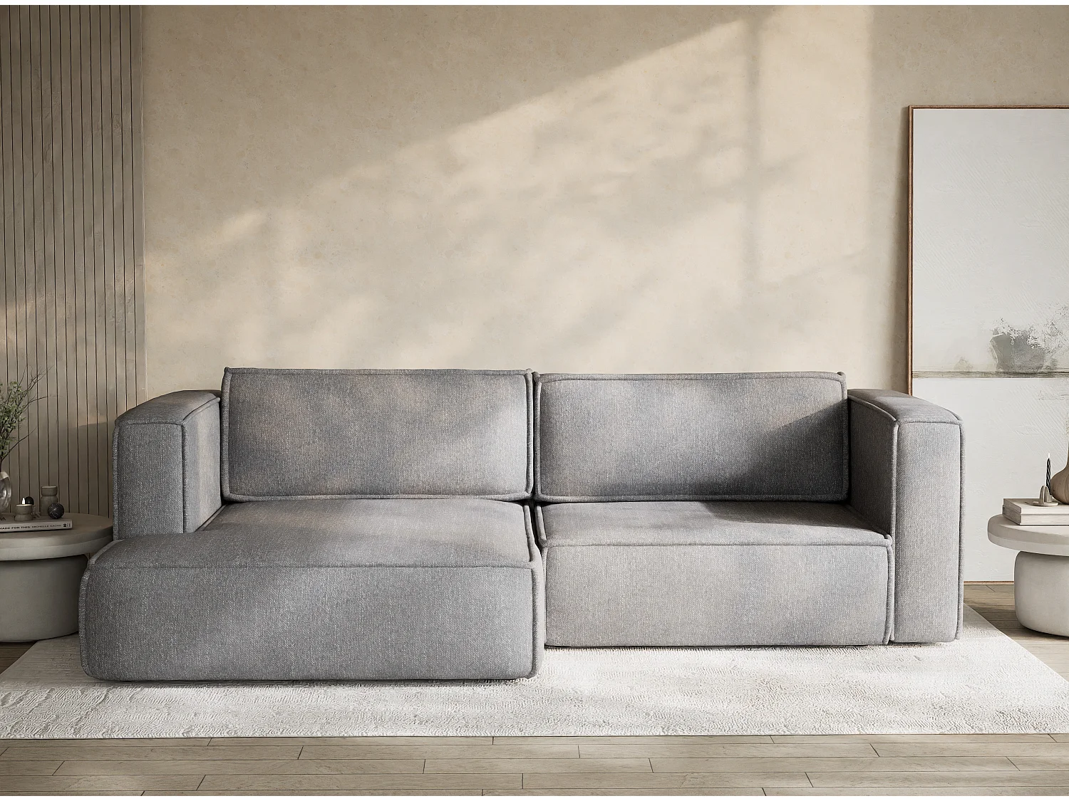 Canapé d'angle gauche avec fonction lit en tissu tressé gris VELTO