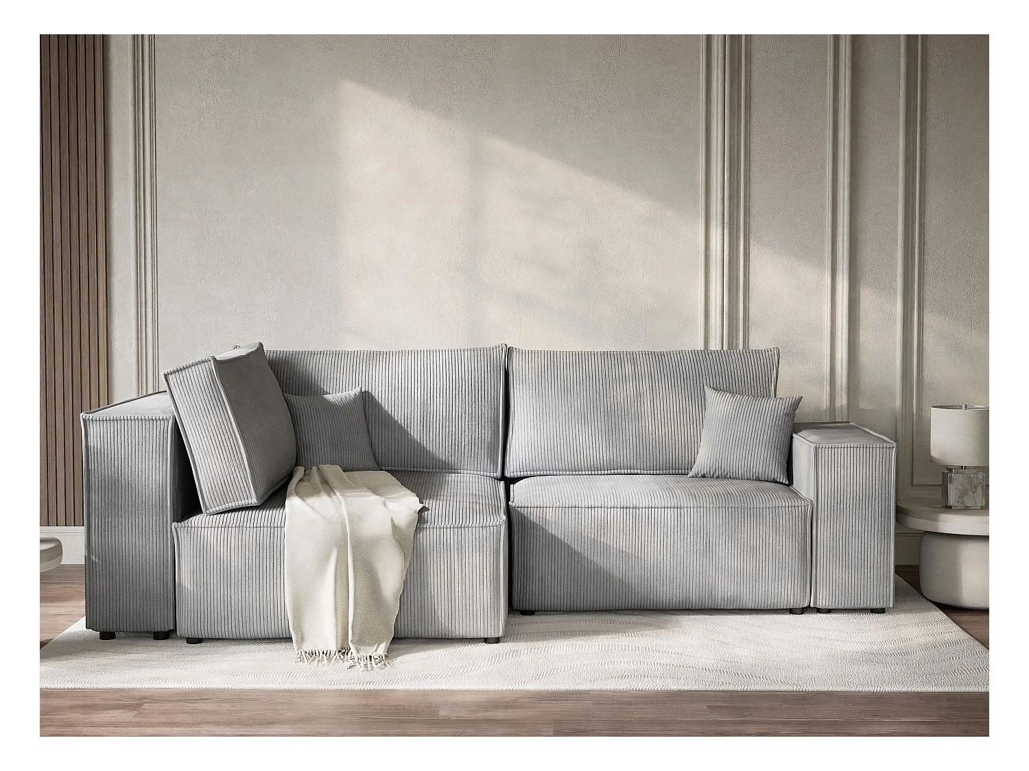 Canapé d'angle gauche avec fonction lit en velours gris clair TONGA