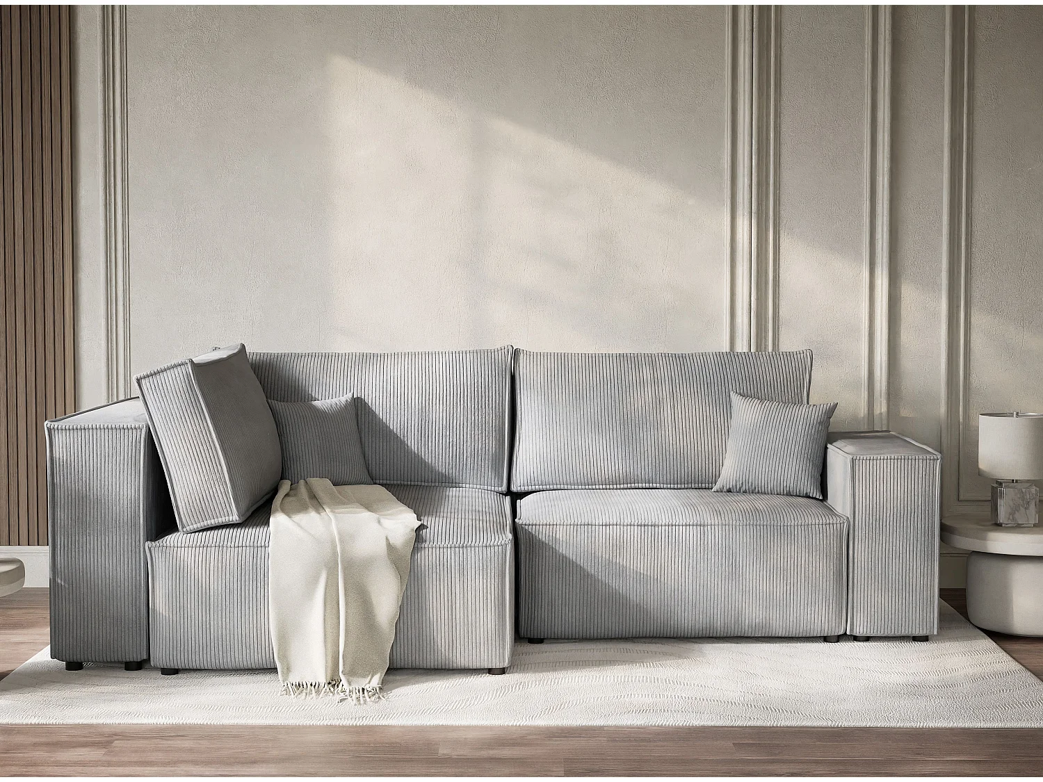 Canapé d'angle gauche avec fonction lit en velours gris clair TONGA