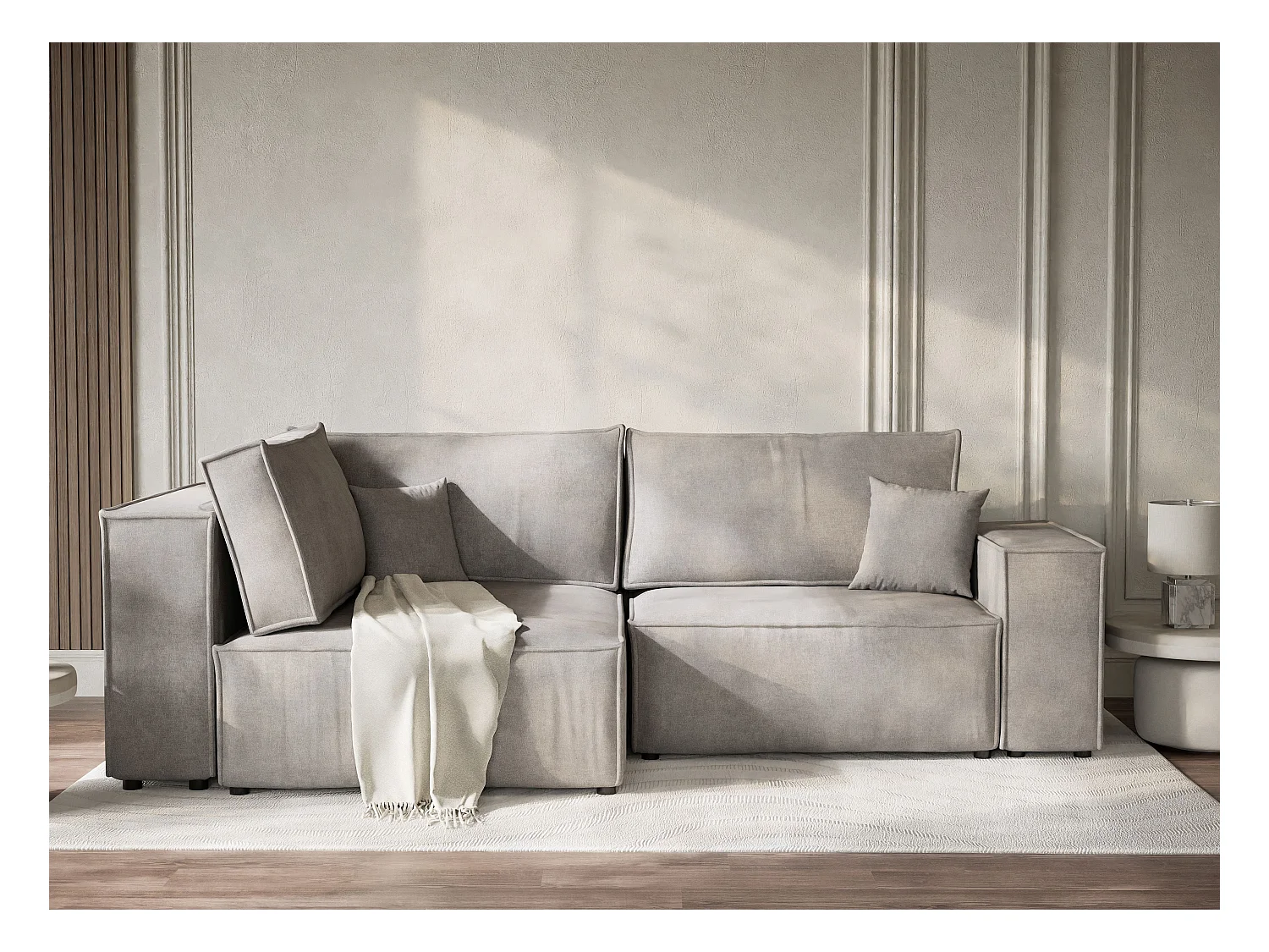 Canapé d'angle gauche avec fonction lit en tissu chenille beige gris TONGA