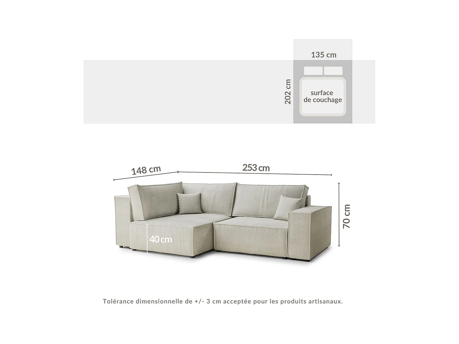 Canapé d'angle gauche avec fonction lit en tissu chenille beige gris TONGA